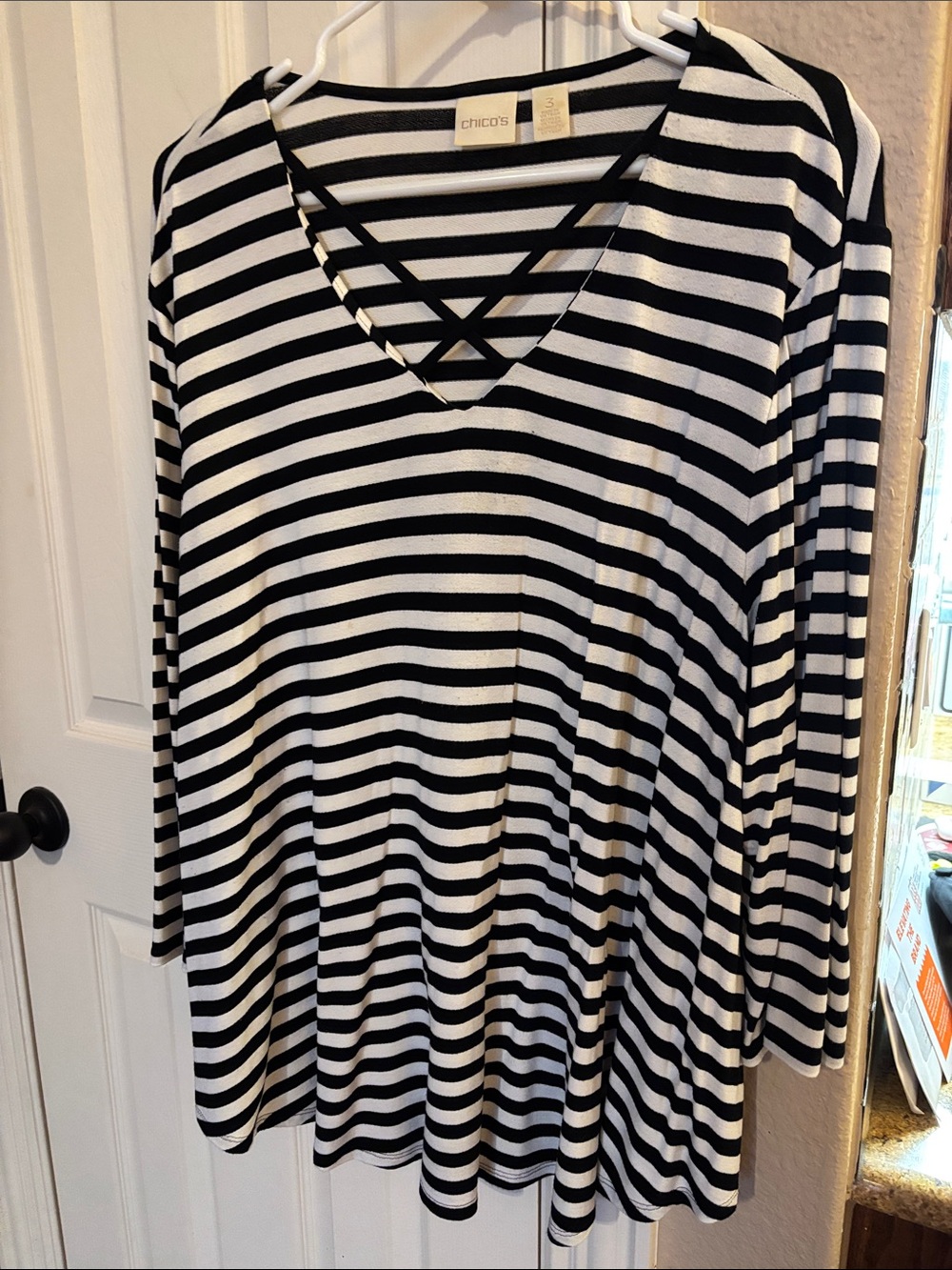 Chico's Black & White Striped Crisscross V-Neck Long Sleeve Top